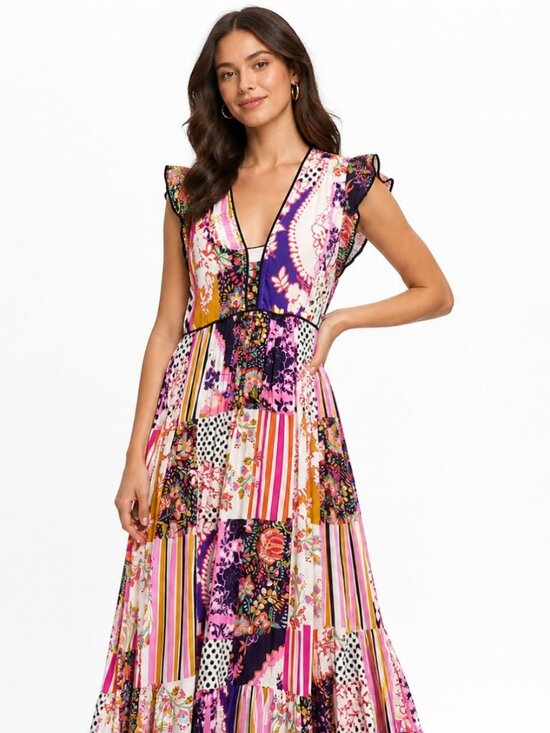 Anthropologie Dresses & Skirts - Anthropologie Patchwork Midi Dress Size 8 Boho Floral Stripe V Neck Tiered Color